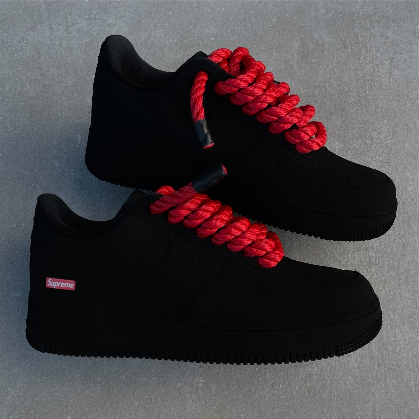 Custom AIR FORCE 1 Supreme - Blackest (red rope laces & red soles) - TA ...