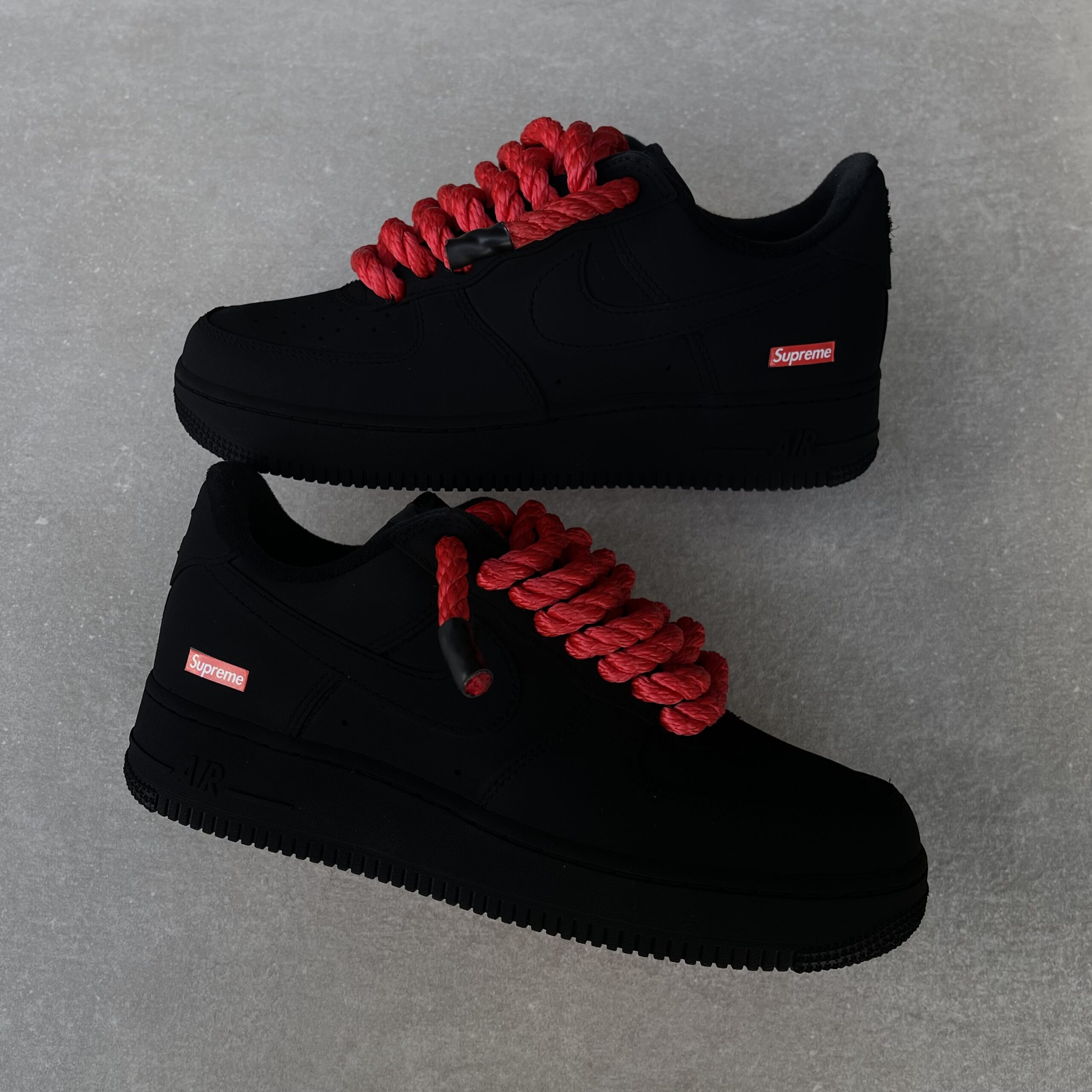 Custom AIR FORCE 1 Supreme - Blackest (red rope laces & red soles) - TA ...